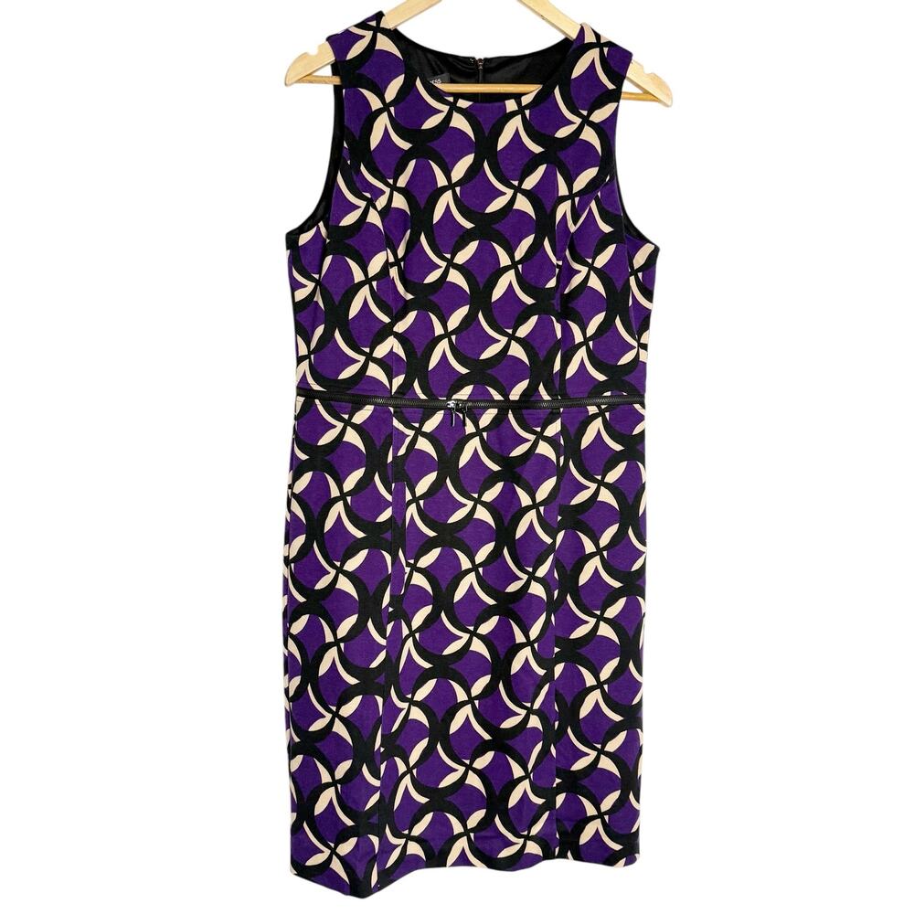 Jones New York Amethyst Purple Geometric Print Zip Waist Sleeveless Sheath Dress